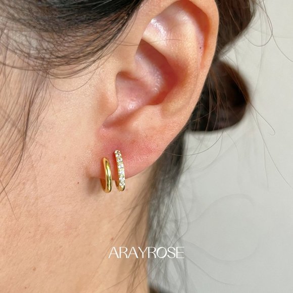 New Paved Double Hoop Earrings One Piercing, Fake Second Piercing Huggies - Picture 3 of 3